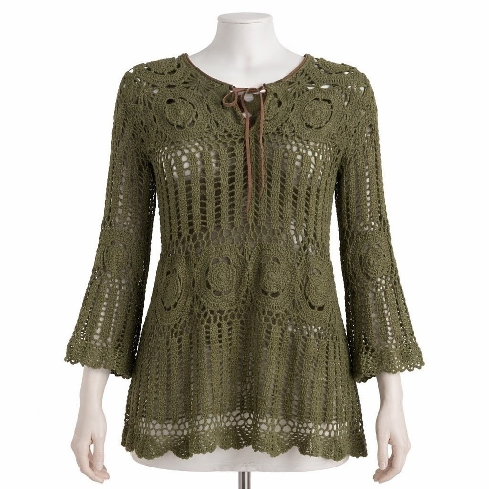 Vtg‎ Lace Fairy Grunge Crochet Long Sleeve Top Size M Green Festival Cottagecore